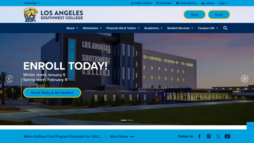 Los Angeles Southwest College homepage with enrollment call to action and campus building background