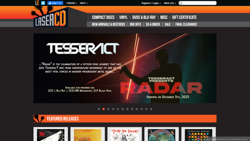 LaserCD website homepage with navigation and hero section promoting Tesseract's Radar album preorder arriving December 5, 2025