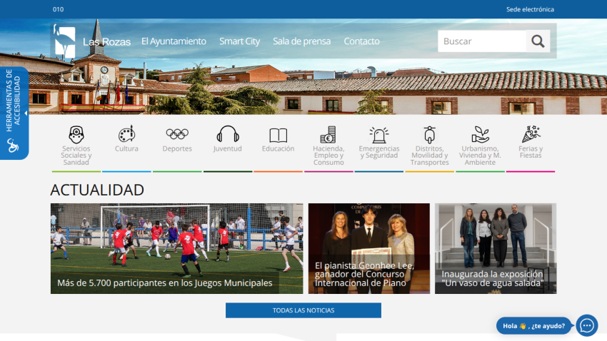 Municipal website with navigation for social services, culture, sports, education, and news highlights including municipal games and piano contest winner