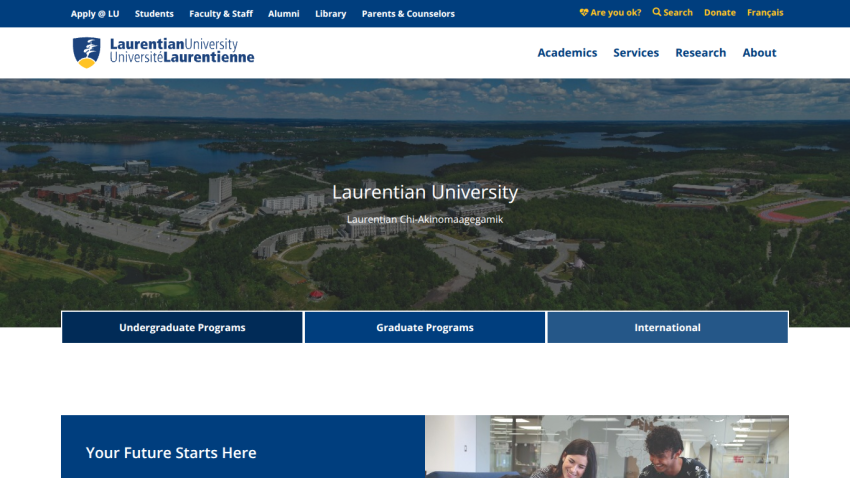 Laurentian University homepage featuring navigation and a scenic campus image.