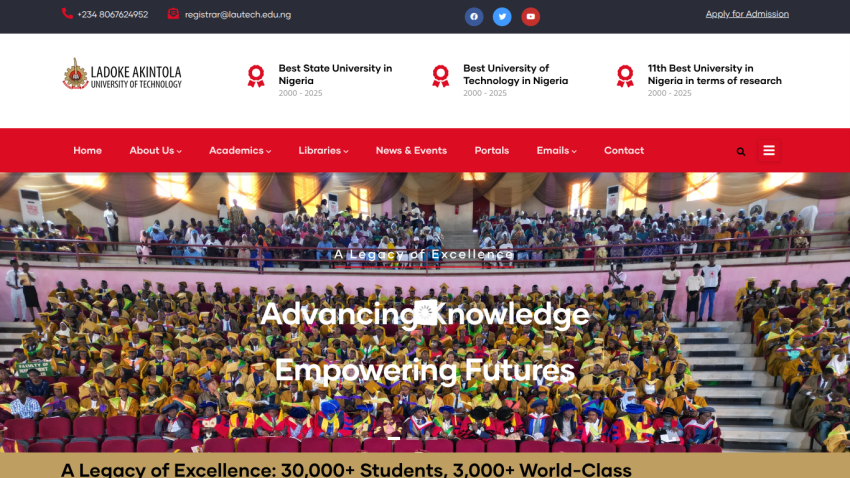 University homepage with navigation bar and hero section showing a large group of students and text advancing knowledge empowering futures