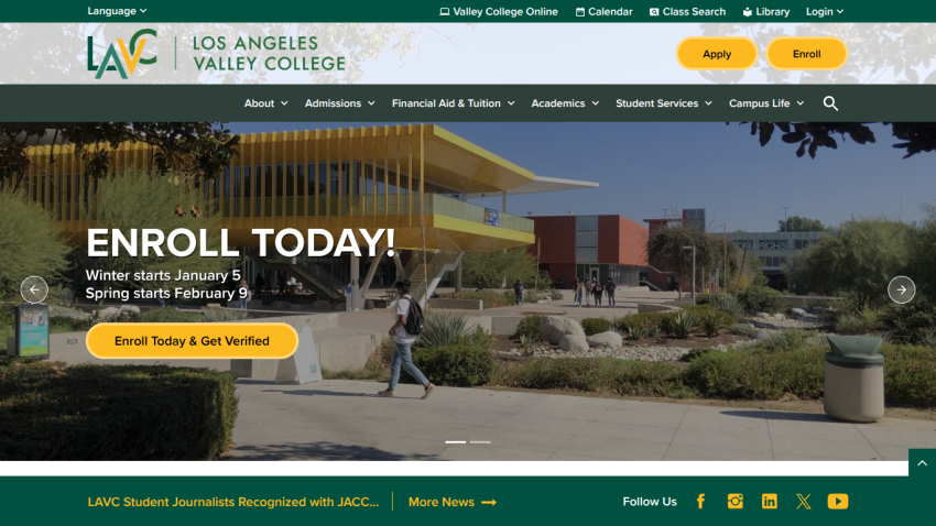 Los Angeles Valley College homepage with enrollment call to action and campus image