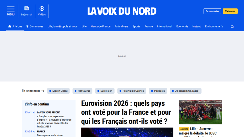 Homepage of La Voix du Nord featuring Eurovision 2026 article and navigation links.