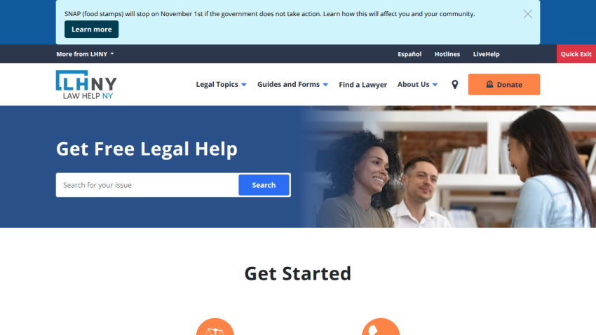 Law Help NY website offering free legal help with search bar and navigation menu including Legal Topics, Guides and Forms, Find a Lawyer, About Us, and Donate button