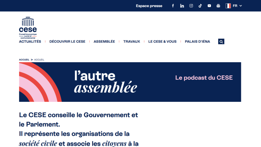 Homepage of CESE featuring podcast promotion and description of its advisory role.
