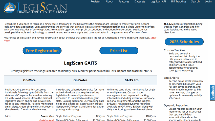 LegiScan GAITS offers legislative tracking services with options for free registration and pricing details.