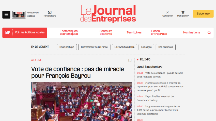 Article headline about François Bayrou's confidence vote on a news website.