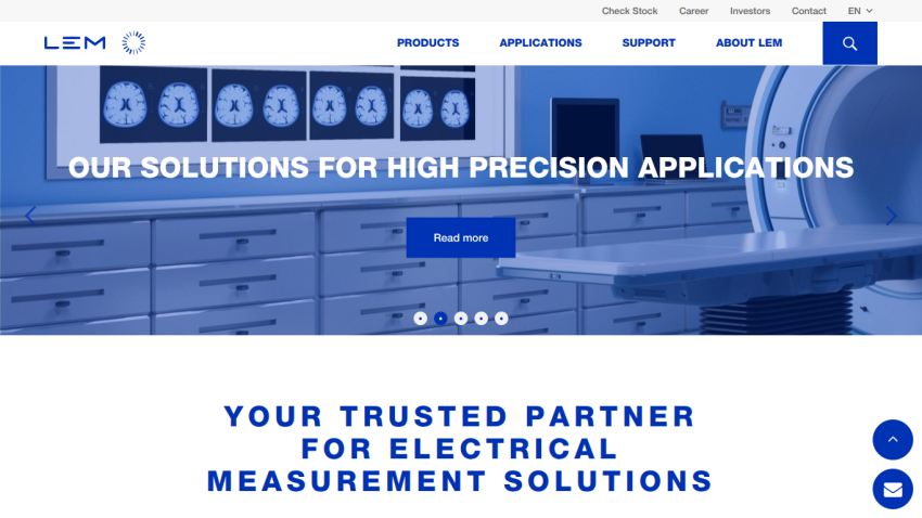 LEM website homepage with navigation and hero section promoting high precision applications and electrical measurement solutions