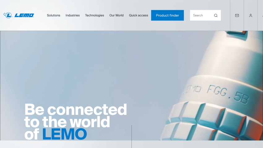 LEMO website with navigation menu and hero text 'Be connected to the world of LEMO'