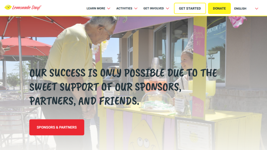 Lemonade Day website hero with a man and girl at a lemonade stand and text about support from sponsors and partners