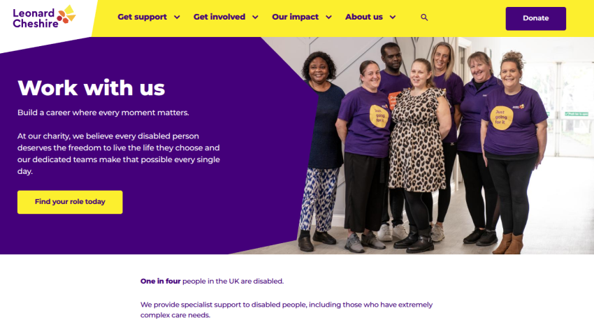 Leonard Cheshire careers page inviting to work with them, highlighting support for disabled people and a call to action button