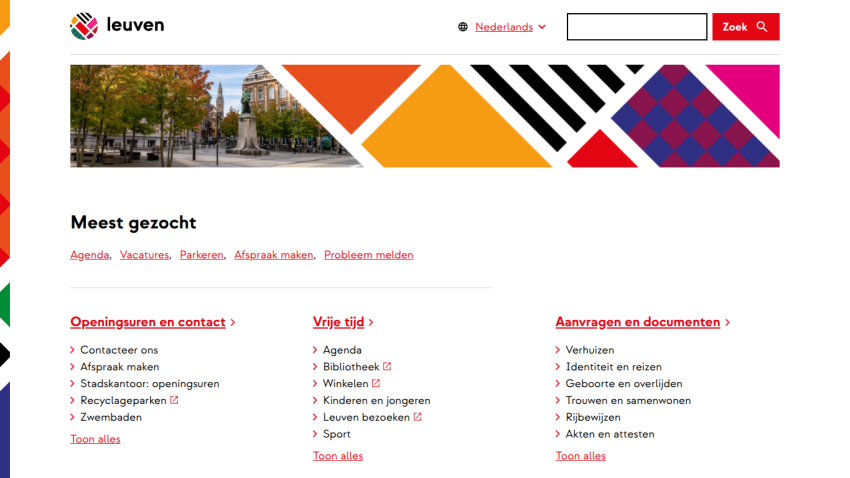 Leuven city website homepage with navigation menu and sections for contact, visit, and document requests