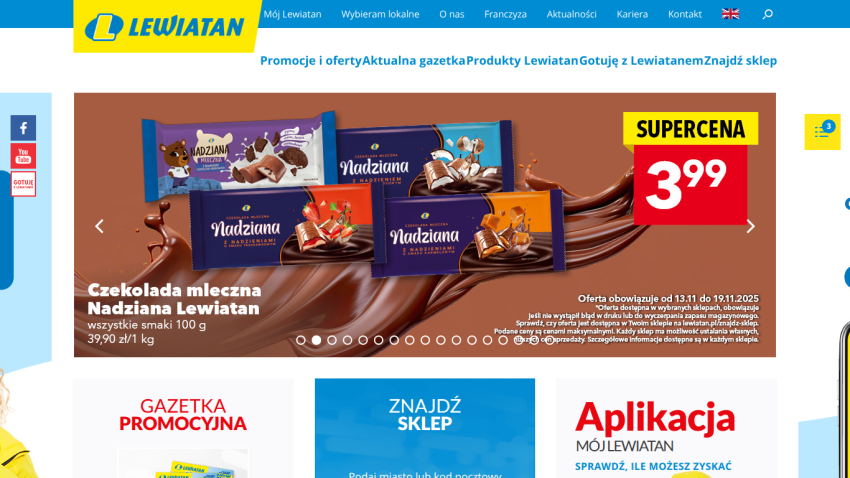 Lewiatan homepage with promotional banner for Nadziana milk chocolate priced at 3.99 PLN and navigation links