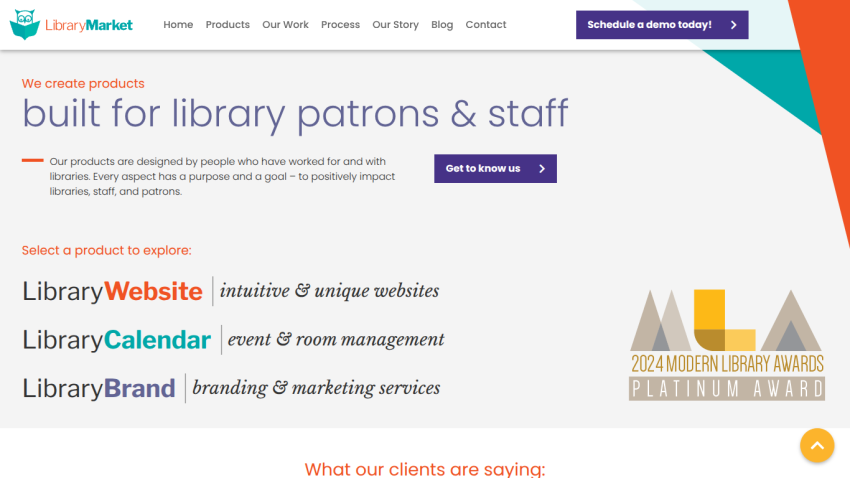Website promoting products for library patrons and staff, featuring service categories and an award badge.