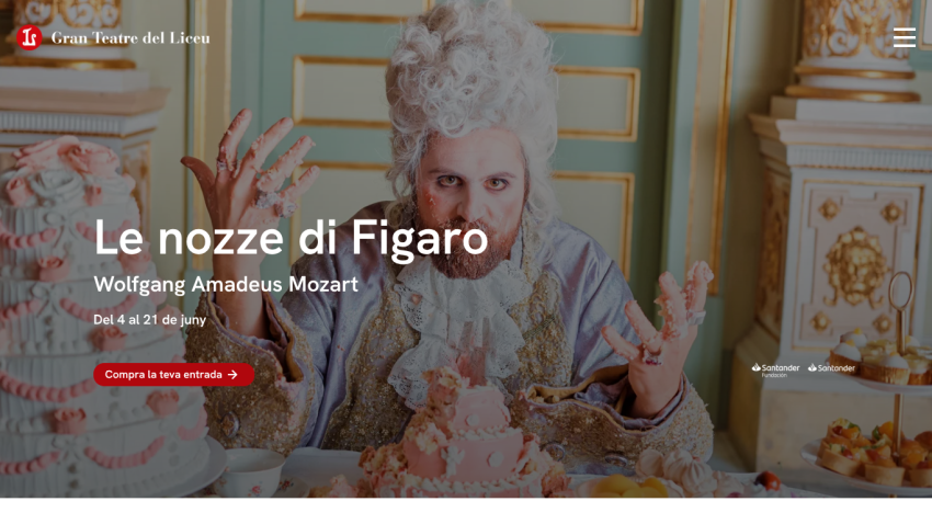 Promotional banner for 'Le nozze di Figaro' by Mozart, featuring a character in a lavish setting.