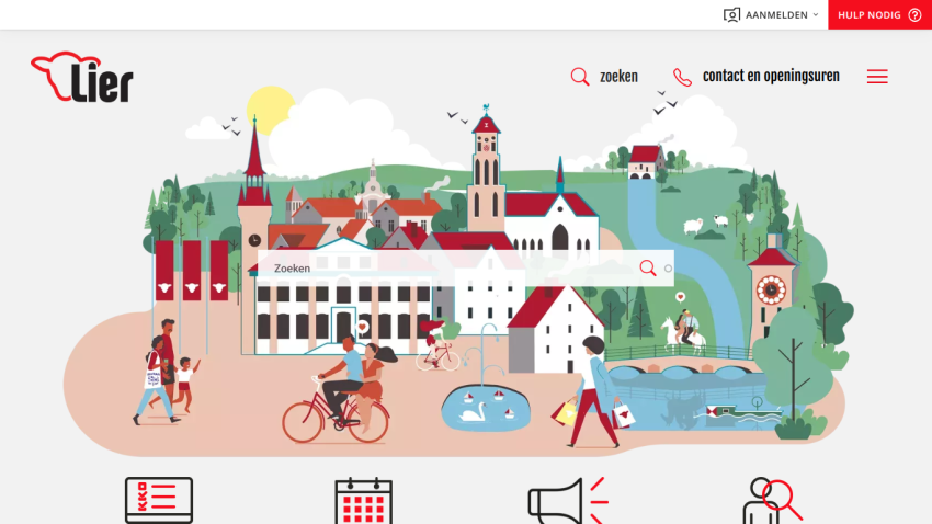 Website homepage with search bar and illustrated town scene featuring people, buildings, and nature elements