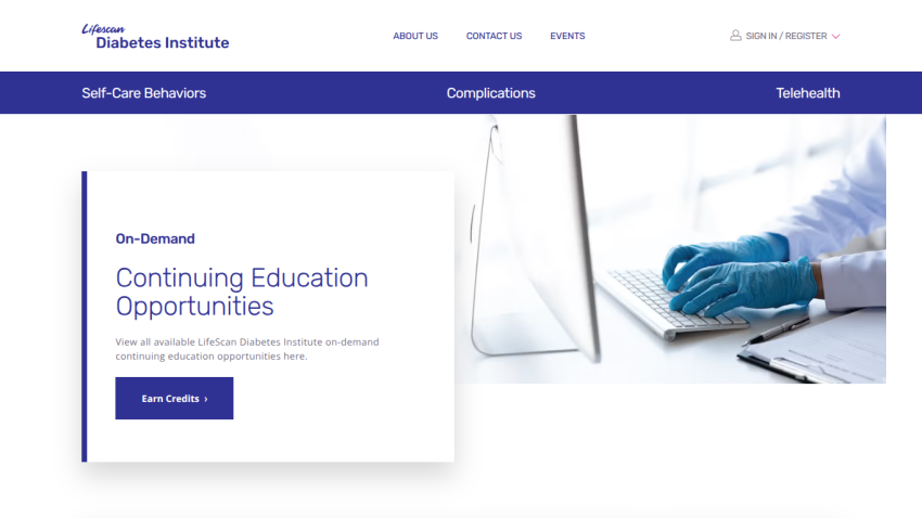 Lifescan Diabetes Institute homepage with navigation and on-demand continuing education opportunities