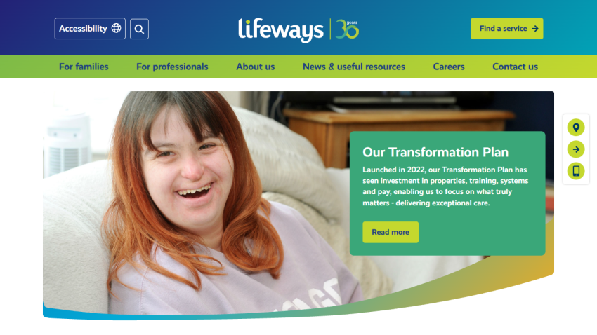 Lifeways website header with navigation and a smiling woman alongside text about their 2022 Transformation Plan