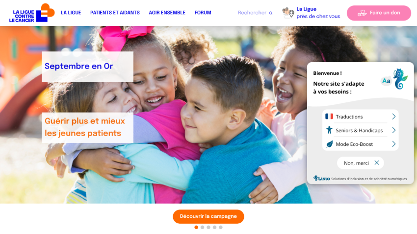 Campaign page promoting support for young patients with a colorful image of children hugging.