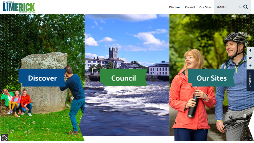Homepage of Limerick featuring three sections: Discover, Council, and Our Sites with images.