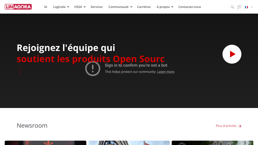 Website header with navigation and hero section inviting to join the team supporting Open So products, with a play button