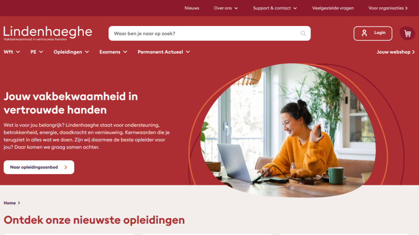 Lindenhaeghe homepage with navigation, search bar, and hero section promoting trusted professional training