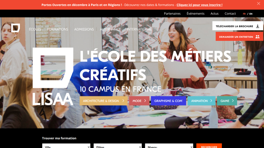 LISAA creative careers school with 10 campuses in France, navigation menu, and program categories