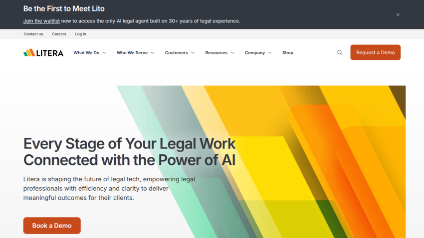 Homepage of Litera showcasing legal tech solutions with a colorful background and a call to action to book a demo.