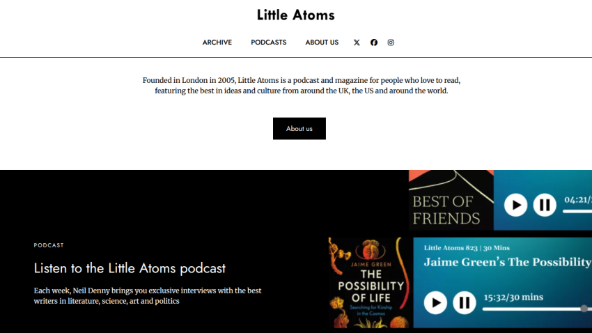 Homepage of Little Atoms podcast featuring latest episodes and descriptions.
