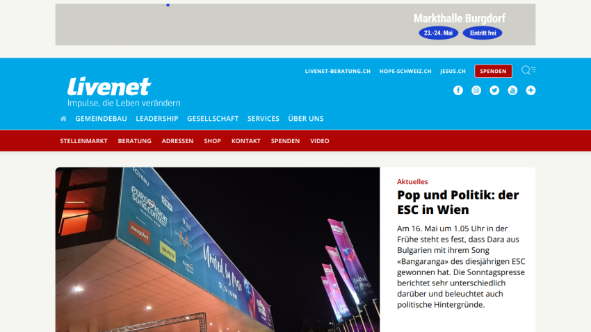 Livenet homepage featuring news on politics and the ESC in Vienna.