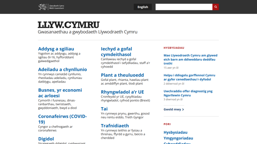 Welsh government website homepage with links to various services and information.