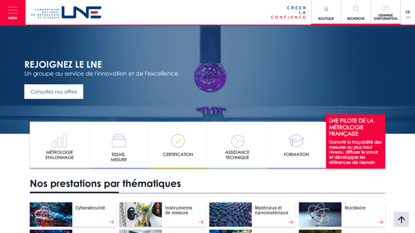 French national metrology and testing laboratory homepage with navigation, hero section inviting to join LNE, and thematic service categories
