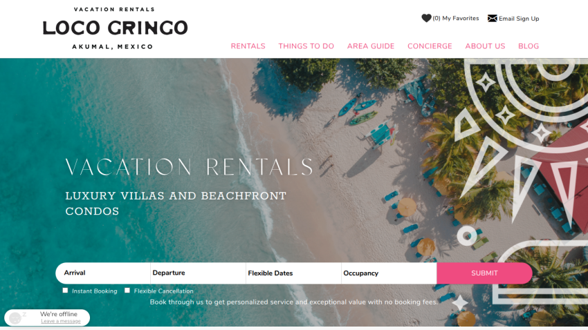 Vacation rentals website offering luxury villas and beachfront condos in Akumal, Mexico with booking form and navigation menu