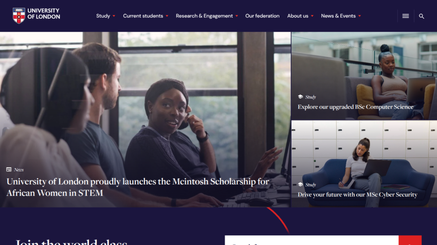 University of London homepage featuring scholarship announcement and images of students.