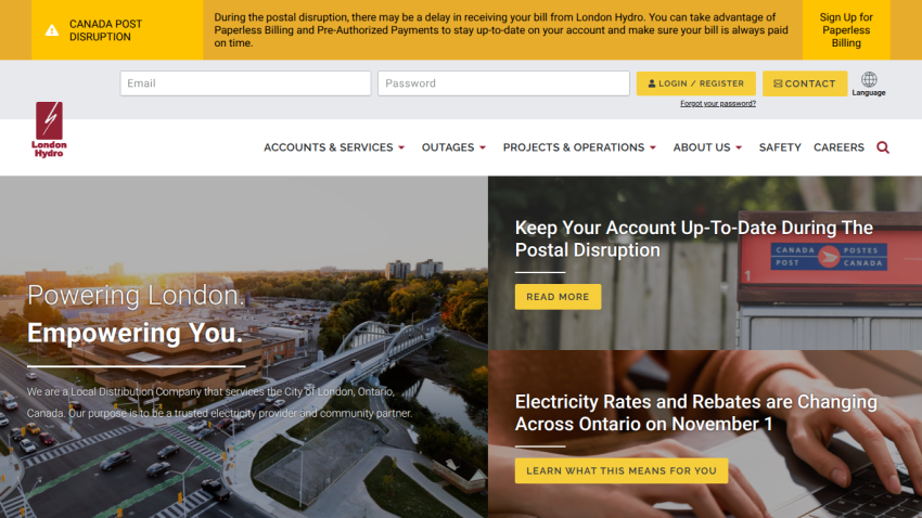 London Hydro homepage with login, navigation, and notices about postal disruption and electricity rate changes