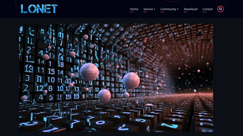 LONET website with navigation menu and a futuristic digital tunnel hero image