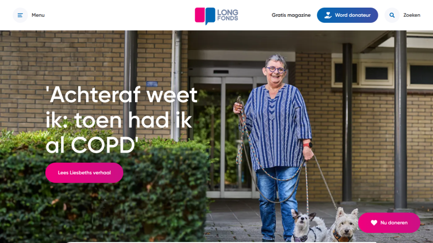 Homepage hero section with a woman walking a dog and text about COPD awareness with a call-to-action button