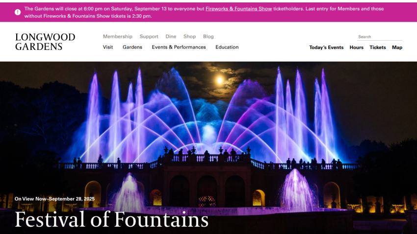 Longwood Gardens homepage featuring colorful fountain display for the Festival of Fountains.