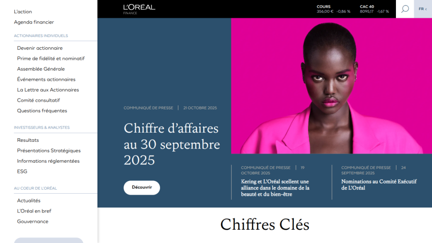 L'Oréal corporate website showing business figures and key numbers with a model's portrait and navigation menu