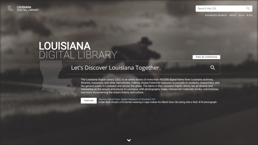 Louisiana Digital Library homepage with search bar, introduction text, and featured item about Mardi Gras truck float