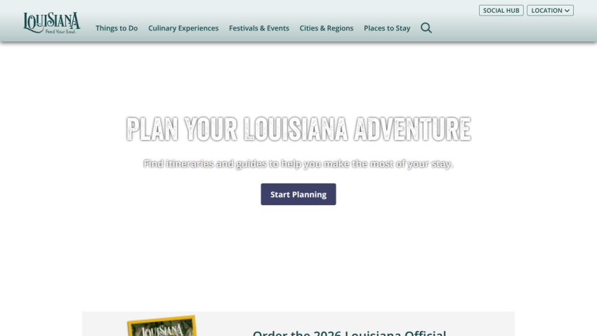 Homepage inviting users to plan their Louisiana adventure with a prominent call to action.