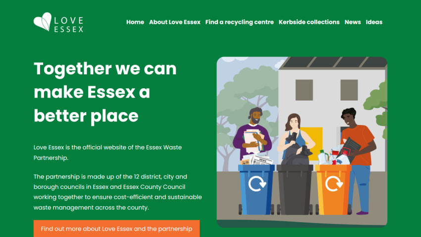 Love Essex website promoting sustainable waste management with navigation menu and illustration of people recycling.