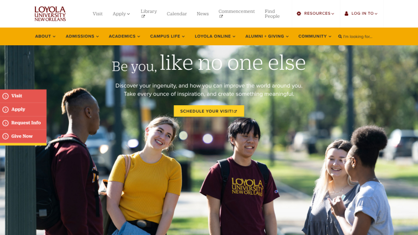 Loyola University Chicago homepage featuring students outdoors with a welcoming message.