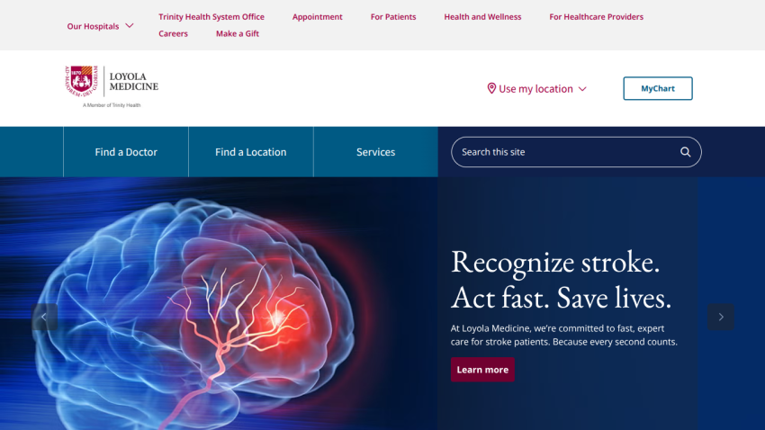 Homepage featuring a brain illustration and a message about stroke recognition and response.