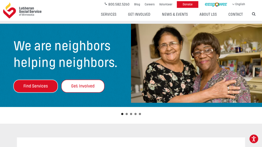 Lutheran Social Service of Minnesota homepage with message 'We are neighbors helping neighbors' and buttons for Find Services and Get Involved