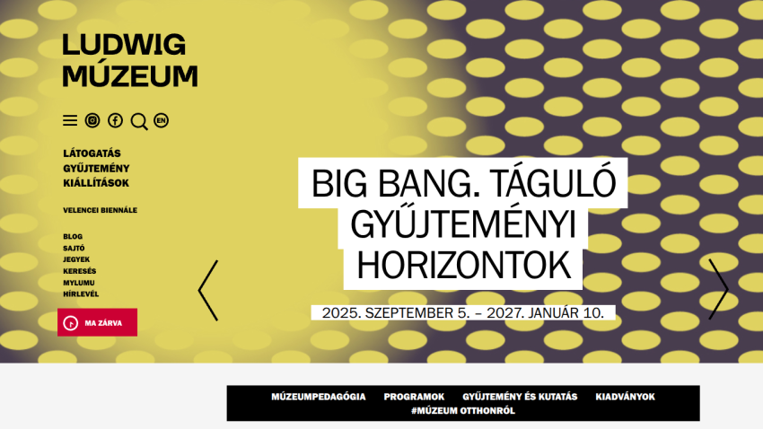 Ludwig Museum website with navigation menu and exhibition titled Big Bang expanding collection horizons from Sept 2025 to Jan 2027