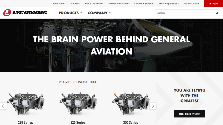 Lycoming aviation engine website with hero headline and engine series portfolio
