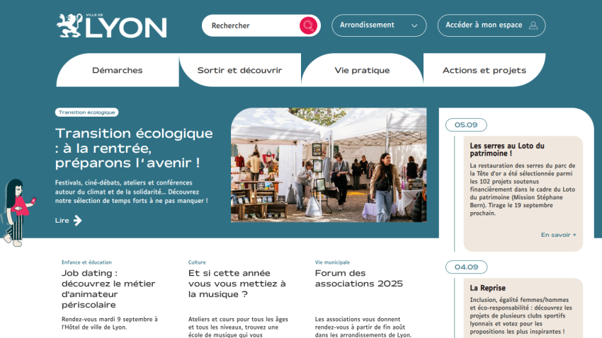 City of Lyon website featuring ecological transition event details and navigation options.