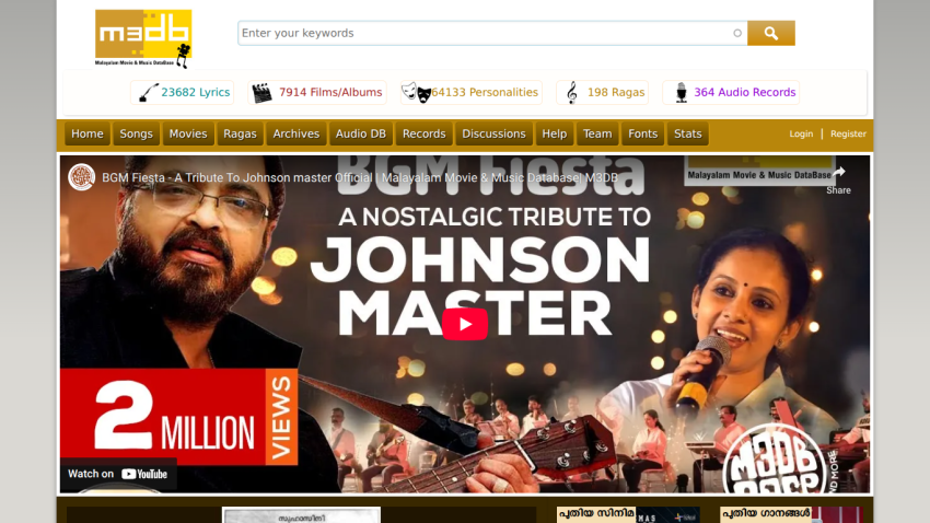 Homepage featuring a tribute to Johnson Master with video and view count.