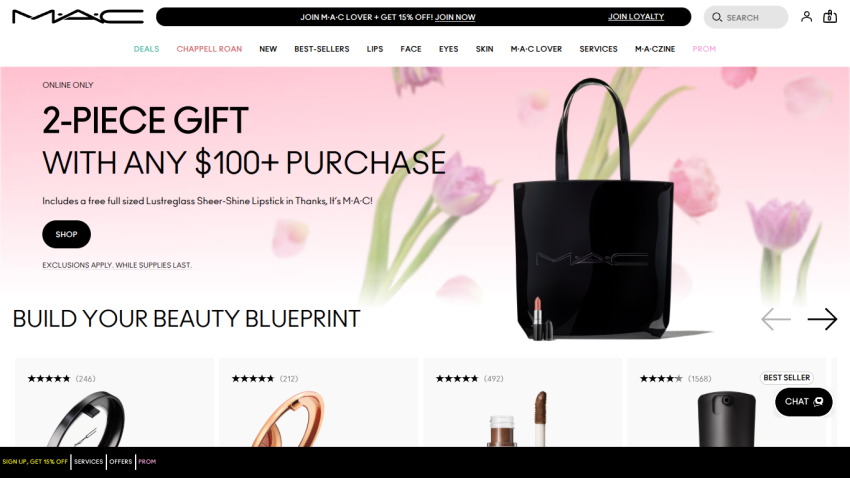 MAC Cosmetics homepage promoting a gift with purchase and beauty blueprint feature.